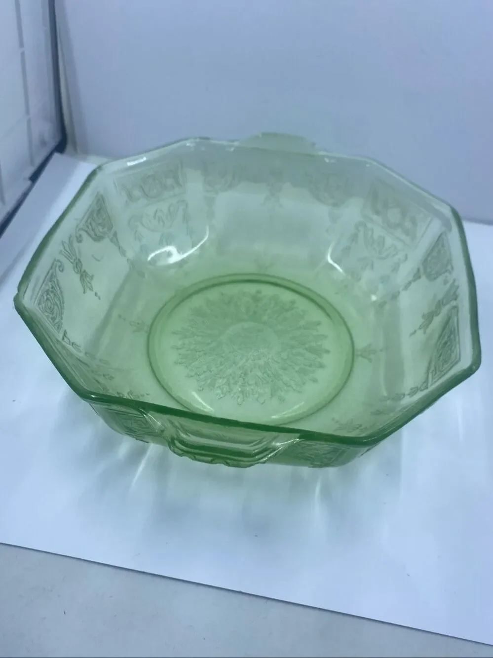 Uranium Anchor Hocking Princess Green Octagonal Depression Cereal Bowl 8” vtge